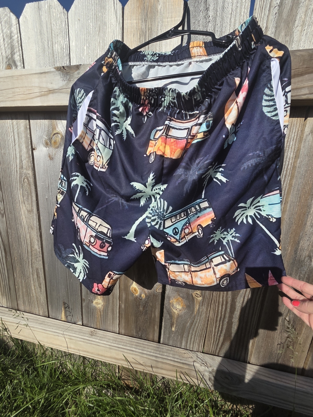 Navy Retro Van Print Swim Trunk Material Shorts w/No Lining